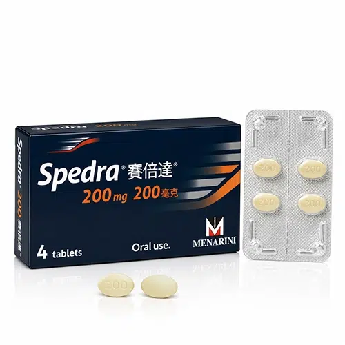 賽倍達 Spedra 200mg 商品主圖，藥盒、鋁箔藥板與米黃色藥錠白底倒影展示