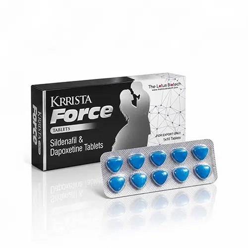 Krrista Force 商品主圖，黑銀藥盒與藍色愛心藥錠鋁箔板白底倒影展示