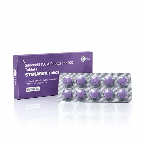 Stenagra Force 商品主圖，紫色藥盒與鋁箔藥板白底倒影展示
